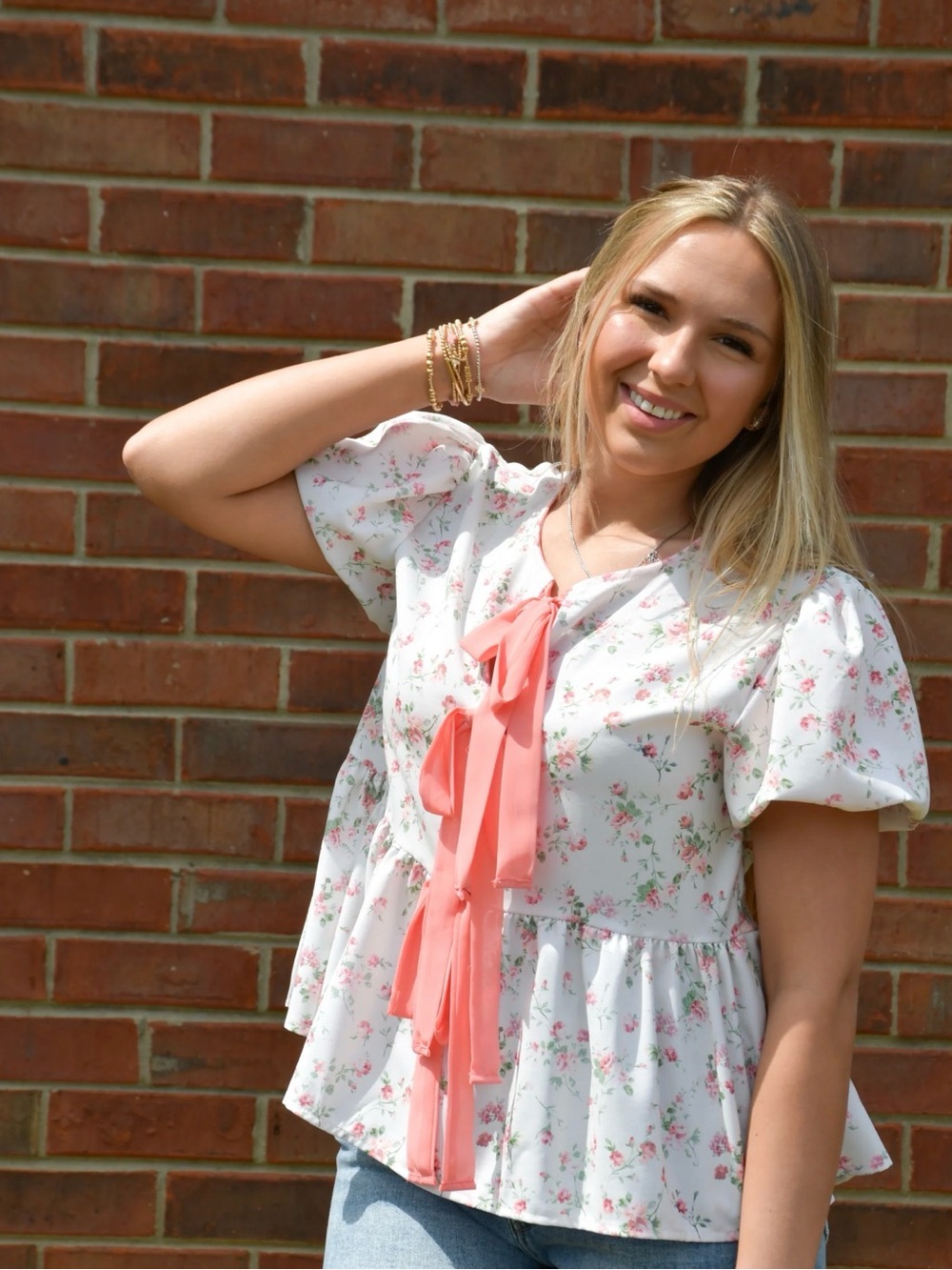Floral Peplum Tie-Neck Blouse in Coral Accent